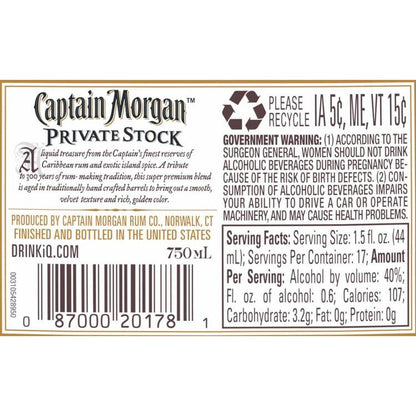 Captain Morgan Spiced Rum Private Stock 80 - 750ML - Back Label
