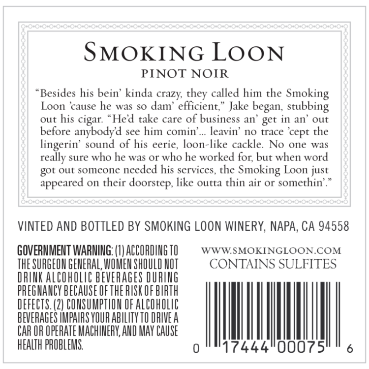 Smoking Loon Pinot Noir California - 750ML - Back Label