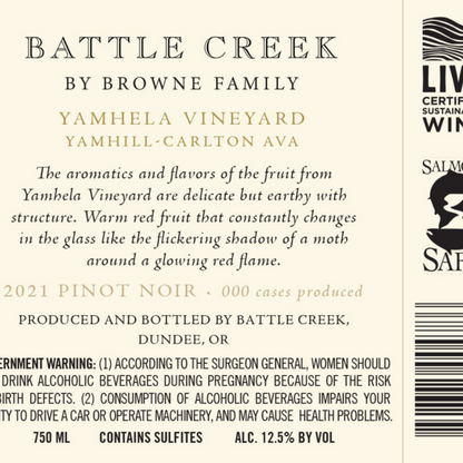 Battle Creek Cellars Pinot Noir Yamhela Vineyard Yamhill Carlton Distr - 750ML