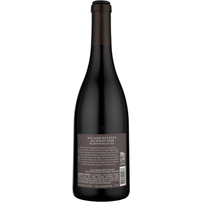 Hyland Estates Pinot Noir Coury Hyland Vineyard Mcminnville 2022 - 750ML - Back