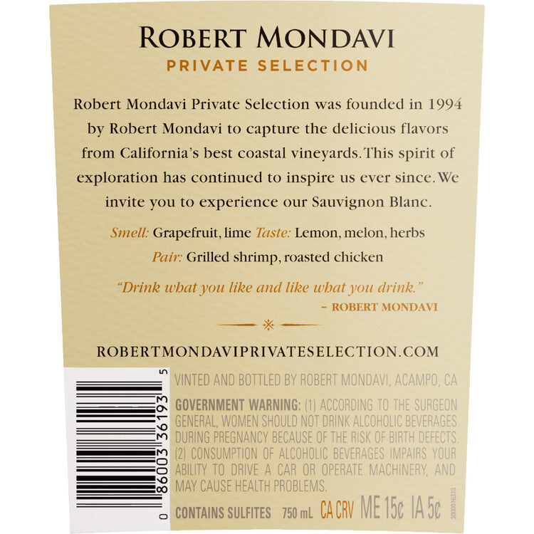 Robert Mondavi Private Selection Sauvignon Blanc California - 750ML - Back Label