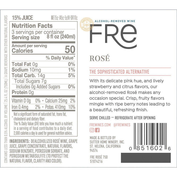Fre Rose Wine Alcohol Removed - 750ML - Back Label