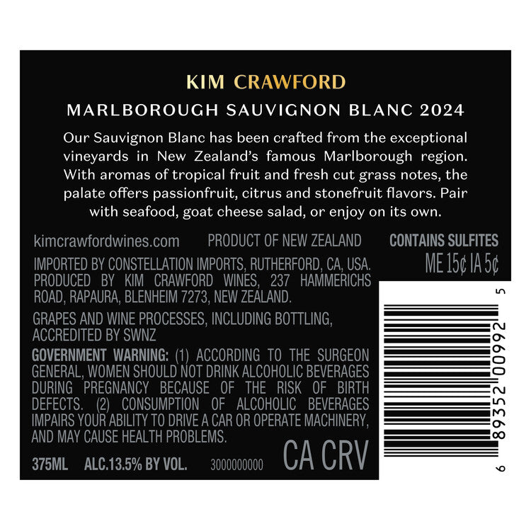 Kim Crawford Sauvignon Blanc Marlborough - 375ML - Back Label