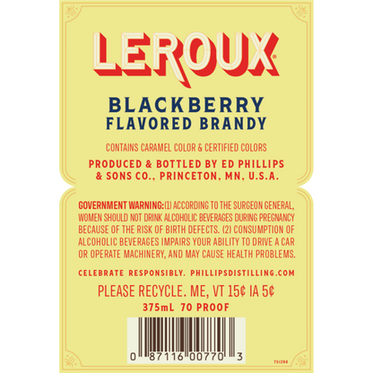 Leroux Blackberry Flavored Brandy Polish Style 70 - 375ML - Back Label