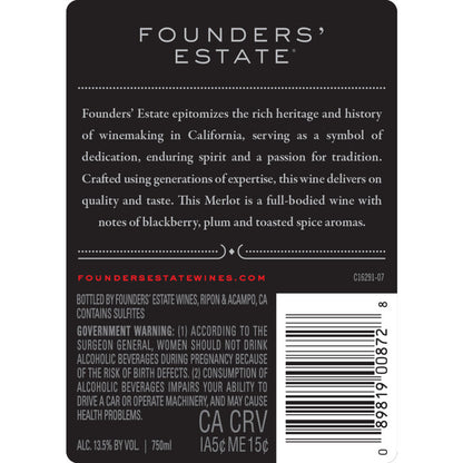 Beringer Founders' Estate Merlot California - 750ML - Back Label