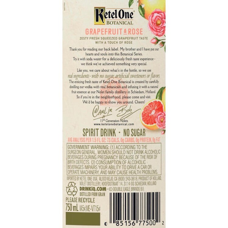 Ketel One Grapefruit & Rose Flavored Vodka Botanical 60 - 750ML - Back Label