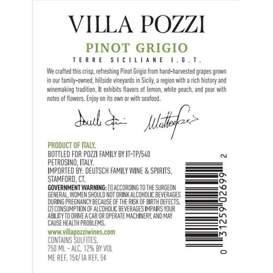 Villa Pozzi Pinot Grigio Terre Siciliane - 750ML - Back