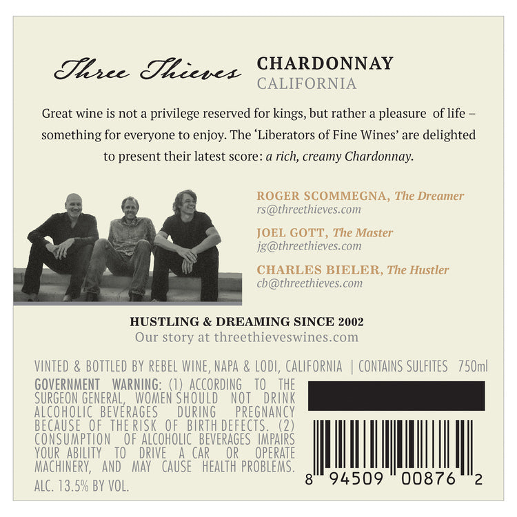 Three Thieves Chardonnay California - 750ML - Back Label