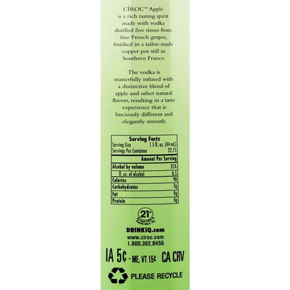 Ciroc Apple Flavored Vodka 70 - 1.0L - Back Label