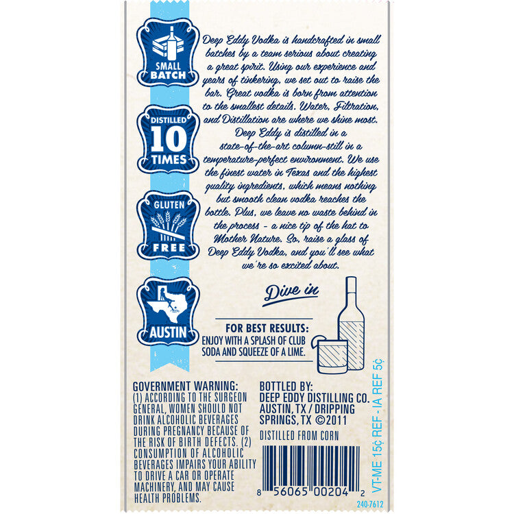 Deep Eddy Vodka 80 - 1.0L - Back Label