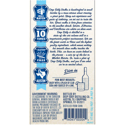 Deep Eddy Vodka 80 - 1.0L - Back Label