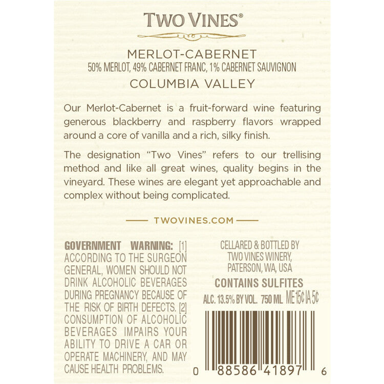 Two Vines Red Blend Columbia Valley - 750ML - Back Label