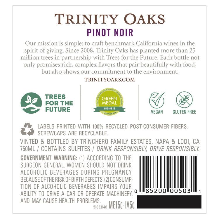 Trinity Oaks Pinot Noir California - 750ML - Back Label