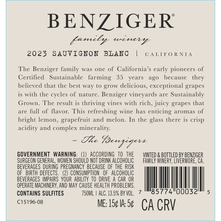 Benziger Family Winery Sauvignon Blanc California - 750ML - Back