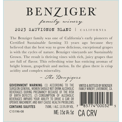Benziger Family Winery Sauvignon Blanc California - 750ML - Back