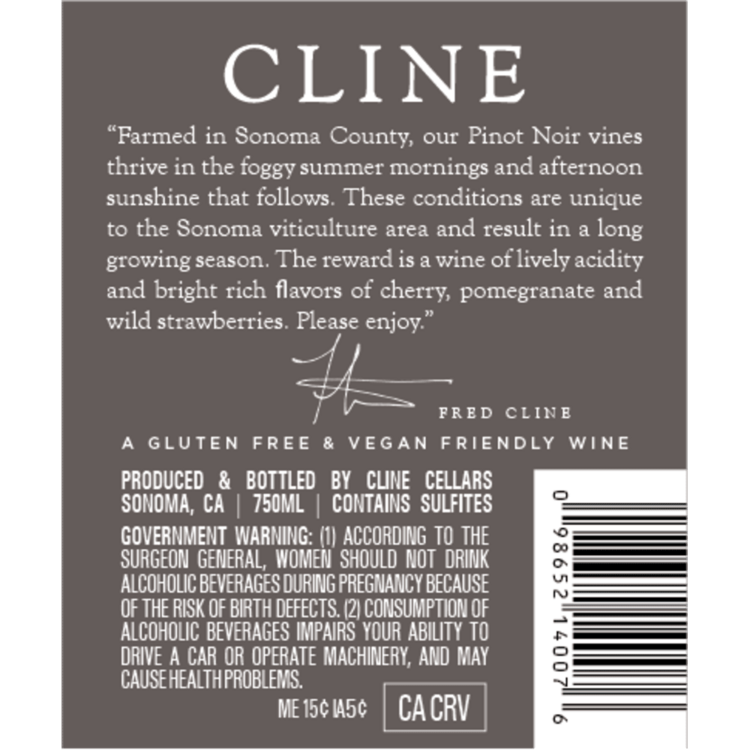 Cline Pinot Noir Fog Swept Sonoma Coast 2023 - 750ML - Back Label