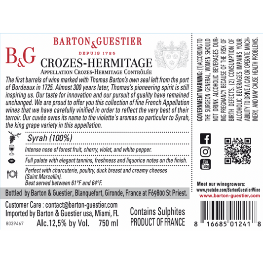 Barton & Guestier Crozes Hermitage Terre De Violettes 2022 - 750ML - Back Label