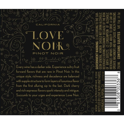 Love Noir Pinot Noir California - 750ML - Back Label
