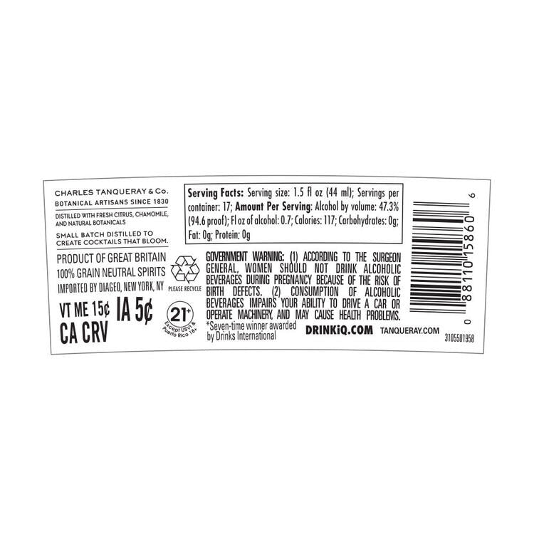 Tanqueray London Dry Gin Batch Distilled No. Ten 94.6 - 750ML - Back Label
