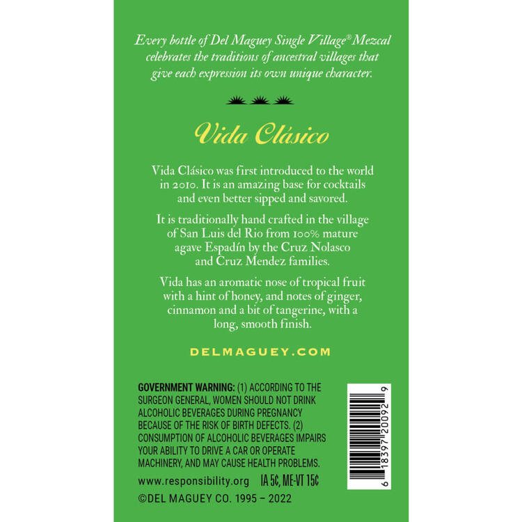 Del Maguey Mezcal Vida 84 - 750ML - Back Label