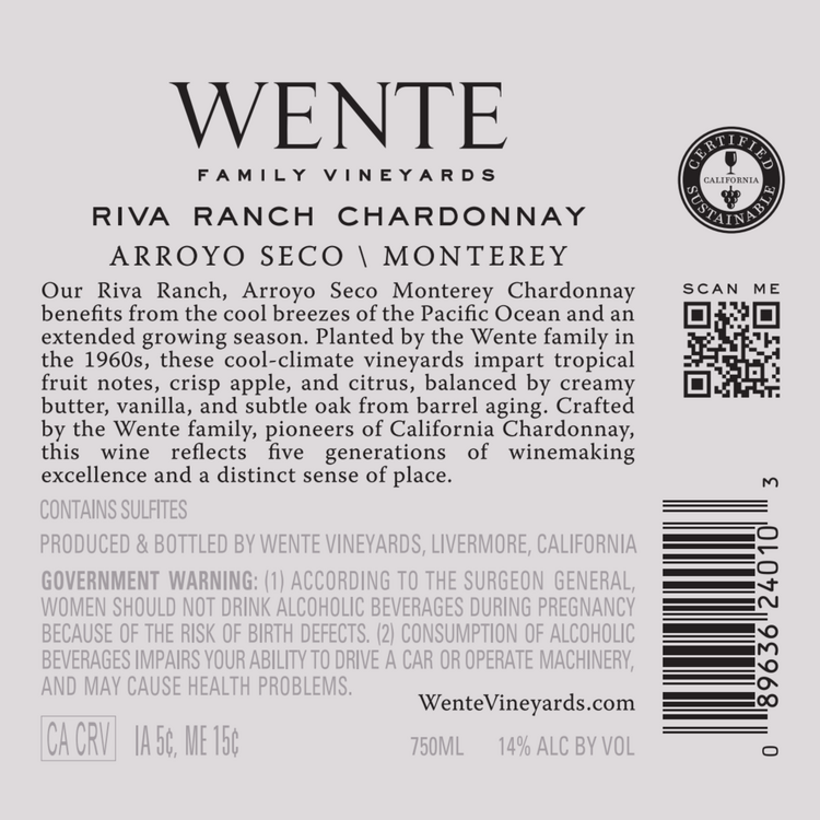 Wente Vineyards Chardonnay Riva Ranch Vineyard Arroyo Seco - 750ML - Back Label