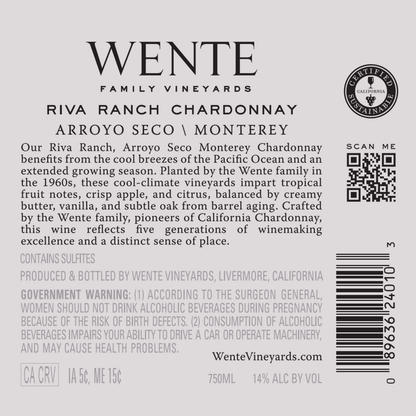 Wente Vineyards Chardonnay Riva Ranch Vineyard Arroyo Seco - 750ML - Back Label