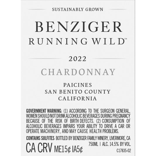 Benziger Family Winery Chardonnay Running Wild Paicines - 750ML - Back