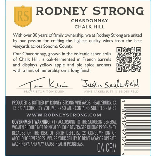 Rodney Strong Chardonnay Chalk Hill 2023 - 750ML - Back Label