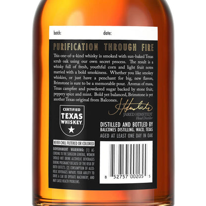 Balcones Corn Whiskey Brimstone Texas Scrub Oak Smoked Pot Distilled 1 - 750ML - Back Label