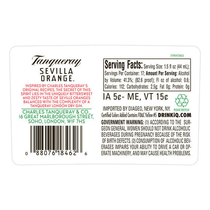Tanqueray Sevilla Orange Flavored Gin 82.6 - 750ML - Back Label