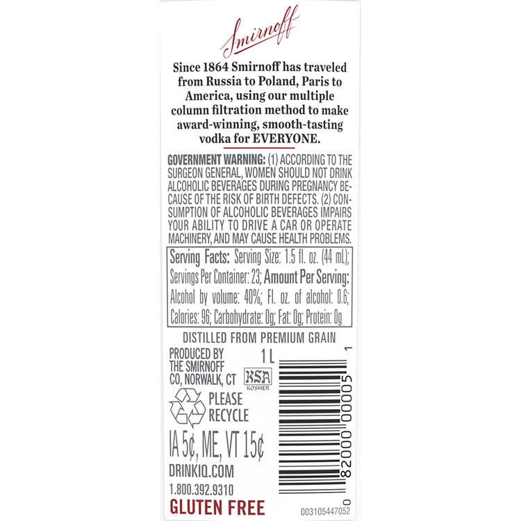 Smirnoff Vodka 80 - 1.0L - Back Label