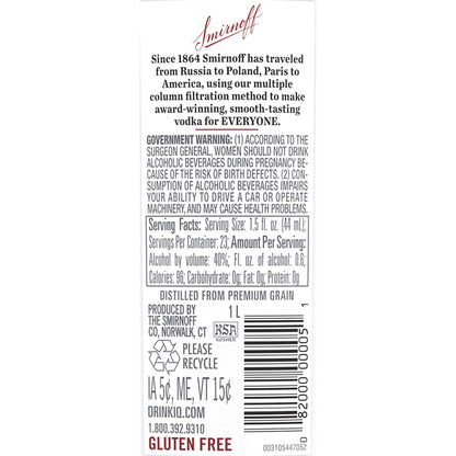 Smirnoff Vodka 80 - 1.0L - Back Label