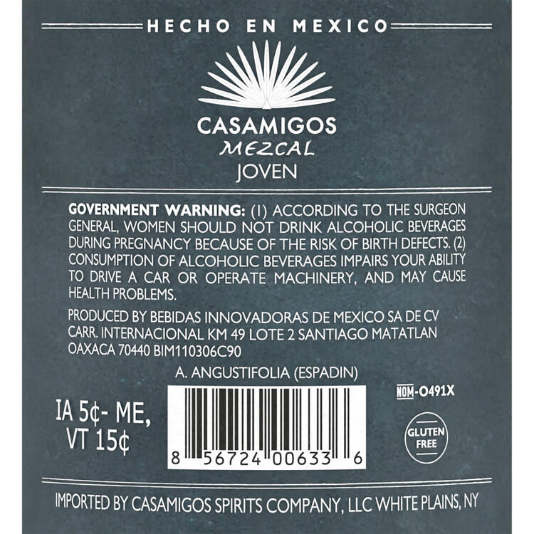 Casamigos Mezcal Joven 80 - 1.0L - Back Label