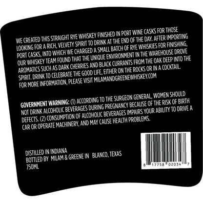 Milam & Greene Straight Rye Whiskey Finished In Port Wine Casks 94 - 750ML - Back Label