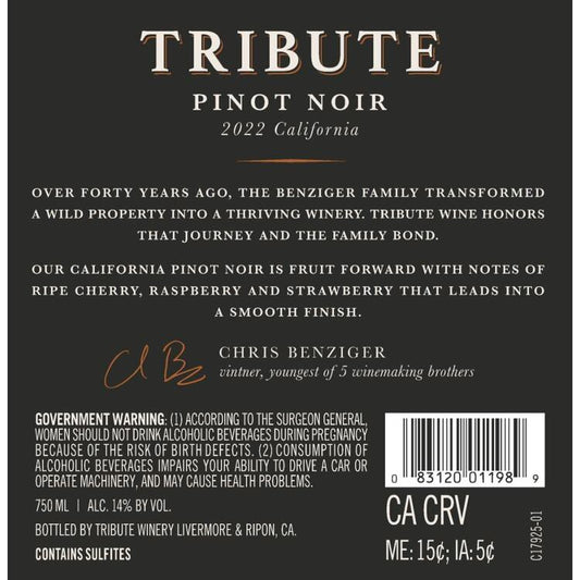 Tribute Pinot Noir Monterey County - 750ML - Back
