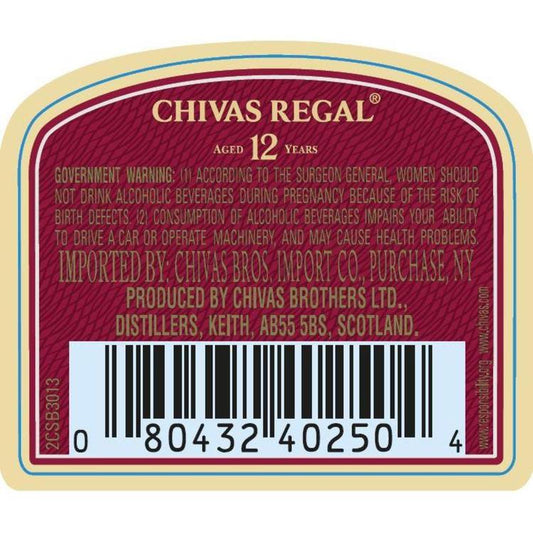 Chivas Regal Blended Scotch 12 Yr 80 No Carton - 1.0L - Back Label