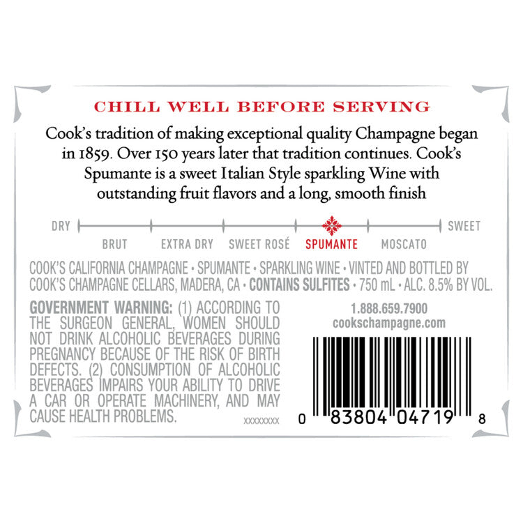 Cook's Spumante Champagne California - 750ML - Back Label