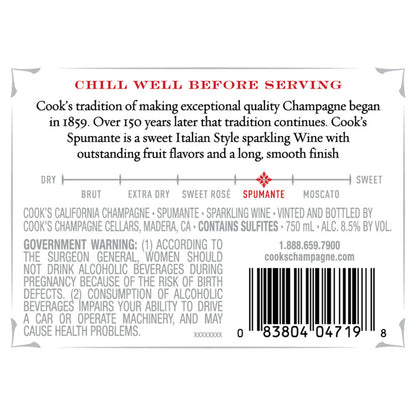 Cook's Spumante Champagne California - 750ML - Back Label