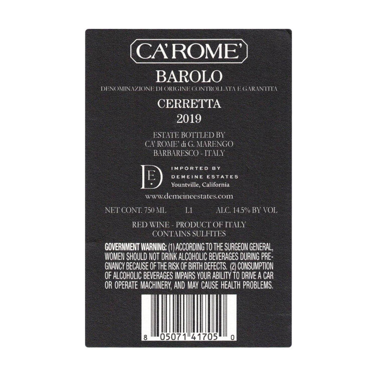 Ca'Rome' Barolo Cerretta 2019 - 750ML - Back