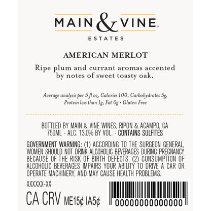 Beringer Main & Vine Merlot California - 750ML - Back