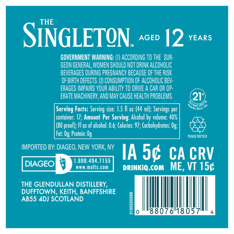 The Singleton Of Glendullan Single Malt Scotch 12 Yr 80 - 750ML - Back Label