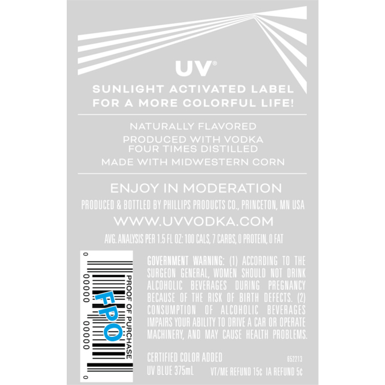 Uv Blue Raspberry Flavored Vodka 60 - 375ML - Back Label