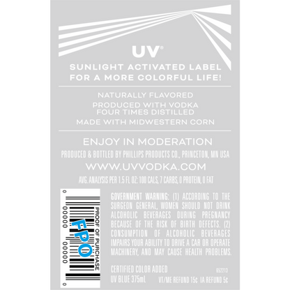 Uv Blue Raspberry Flavored Vodka 60 - 375ML - Back Label