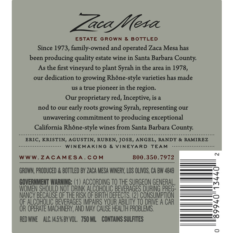 Zaca Mesa Inceptive Estate Vineyard Santa Ynez Valley 2017 - 750ML