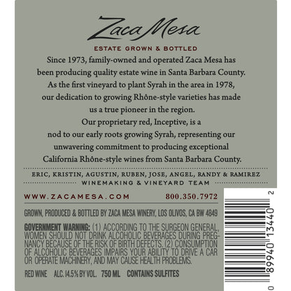 Zaca Mesa Inceptive Estate Vineyard Santa Ynez Valley 2017 - 750ML