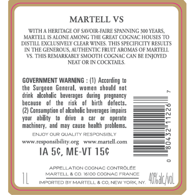 Martell Cognac Vs 80 - 1.0L - Back Label