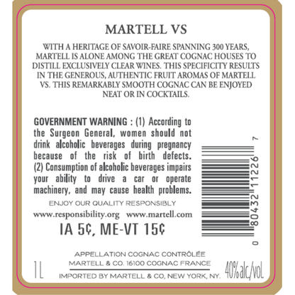 Martell Cognac Vs 80 - 1.0L - Back Label