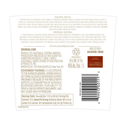 Ron Zacapa Gold Rum No. 23 Solera Gran Reserva 80 - 1.0L - Back Label