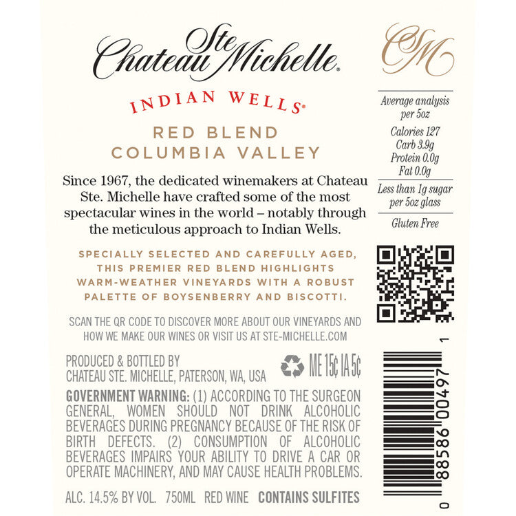 Chateau Ste. Michelle Red Blend Indian Wells Columbia Valley 2022 - 750ML - Back Label
