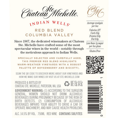 Chateau Ste. Michelle Red Blend Indian Wells Columbia Valley 2022 - 750ML - Back Label
